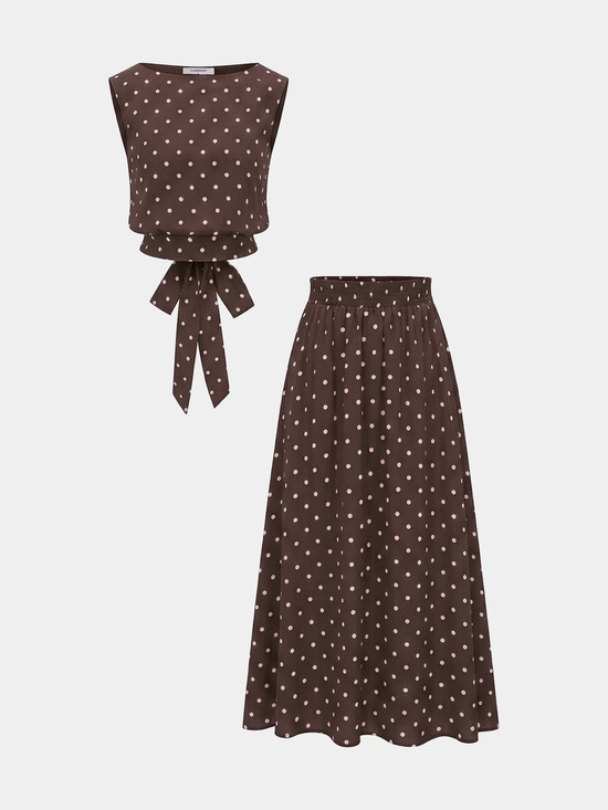 Commense Dresses & Skirts - Commense Polka Dot Two Piece Brown Top and Skirt Set